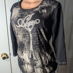 Christopher & Banks Black Paris Graphic Long Sleeve Top